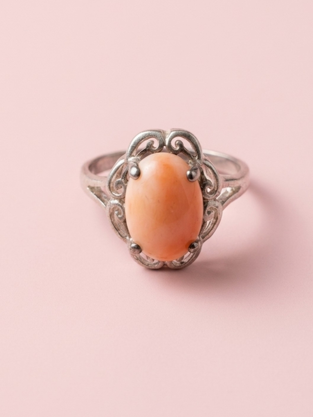 Vintage Peach Coral and Sterling Silver Filigree Ring Size 6.5